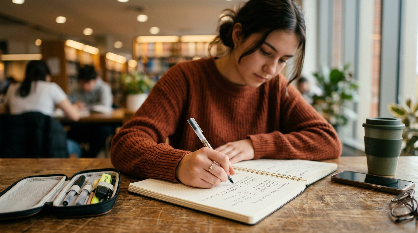 Student writing notes at a desk